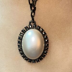 Chico's gunmetal and cream oval Victorian style pendant necklace